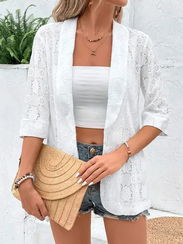 Dames Elegante Witte Kant Blazer Jas Casual Effen Kleur Revers 3/4 Mouw Hol Patchwork Transparant Vest Top