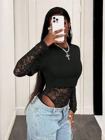 Sexy Lace Patchwork Bodysuit For Women Long Sleeve Hollow Out Knit Body Suit Round Neck Elegant Party Clubwear Jumpsuit