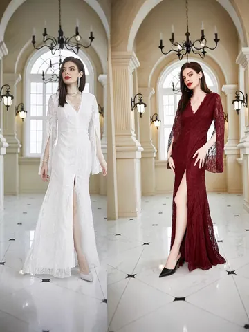 Damen V-Ausschnitt Spitze Langarm Schlitz Bodenlang Kleid Elegant Formelle Hochzeit Brautjungfer Maxi Kleid Slim Bodycon Party Kleid