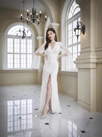 Damen V-Ausschnitt Spitze Langarm Schlitz Bodenlang Kleid Elegant Formelle Hochzeit Brautjungfer Maxi Kleid Slim Bodycon Party Kleid