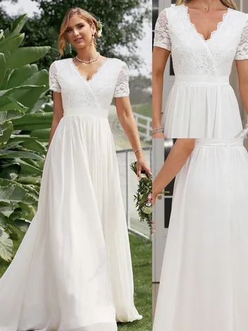 Elegant White V-Neck Lace Patchwork Chiffon Long Wedding Dress Slim Fit High Waist Polyester Evening Gown For Women Formal Party