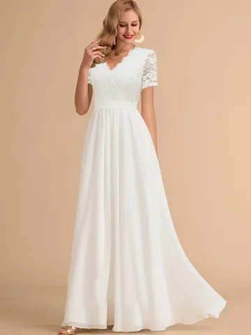 Elegant White V-Neck Lace Patchwork Chiffon Long Wedding Dress Slim Fit High Waist Polyester Evening Gown For Women Formal Party