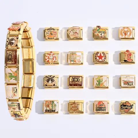 Stainless Steel Italian Modular Charm Link Western Cowboy Series Cowboy Hat Cactus Sheriff Star Enamel DIY Bracelet Link Jewelry