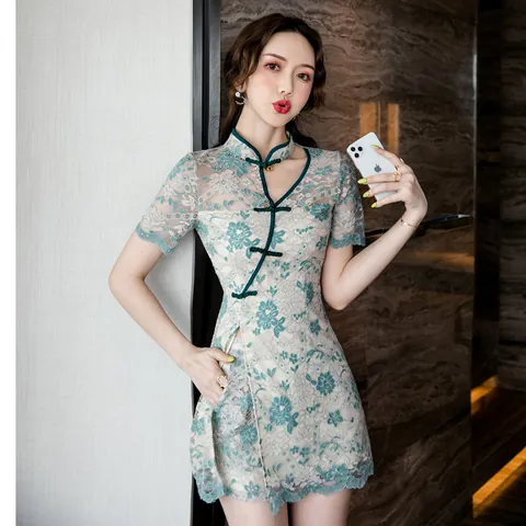 Women Improved Cheongsam Top And Bottom Lace Hollow Out Floral Print Elegant Chinese Style Qipao Two Piece Suit For Dating