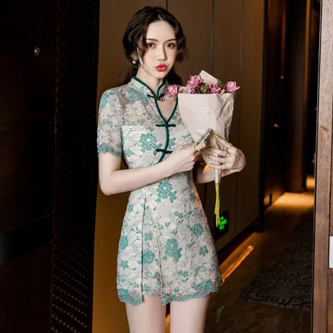Women Improved Cheongsam Top And Bottom Lace Hollow Out Floral Print Elegant Chinese Style Qipao Two Piece Suit For Dating