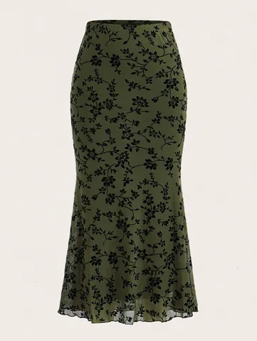 Femmes Élégante Jupe Sirène Florale Vert Foncé Taille Haute Coupe Slim Longueur Midi Bas pour Usage Quotidien Décontracté Jupe Mode