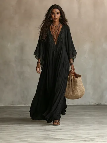 Women V Neck Lace Splicing Maxi Dress Bohemian Batwing Sleeve Vacation Beach Long Dress Flowy Spliced Holiday Sundress