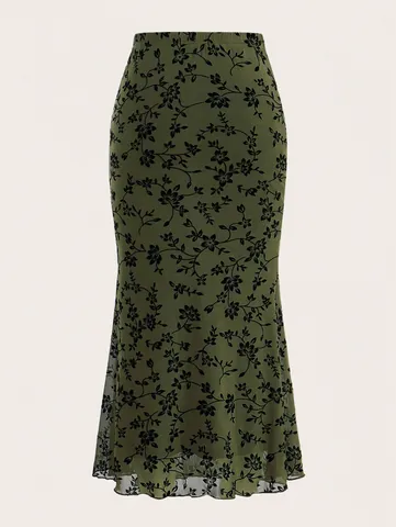 Femmes Élégante Jupe Sirène Florale Vert Foncé Taille Haute Coupe Slim Longueur Midi Bas pour Usage Quotidien Décontracté Jupe Mode