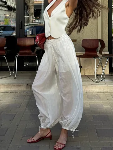 Women Fashion Sheer Striped Lantern Pants High Waist Drawstring Cuffed Hem Casual Tencel Blend Trousers Commuter Streetwear
