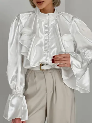 Women Palace Style Ruffle Shirt French Vintage Glossy Satin Blouse Flare Sleeve Stand Collar Pearl Button Elegant Top