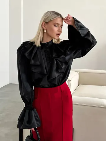 Women Palace Style Ruffle Shirt French Vintage Glossy Satin Blouse Flare Sleeve Stand Collar Pearl Button Elegant Top