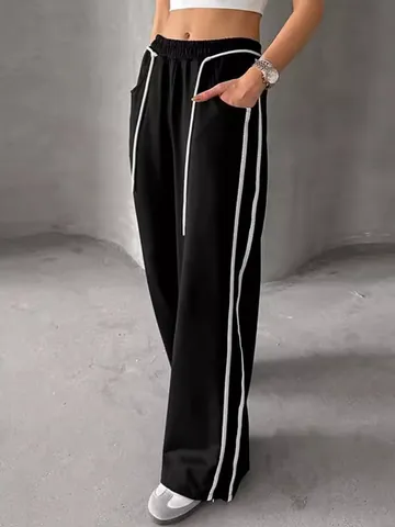 Damen High Waist Weites Bein Jogginghose Amerikanisch Kontrast Seitenstreifen Kordelzug Lässige Lose Hose Herbst Winter