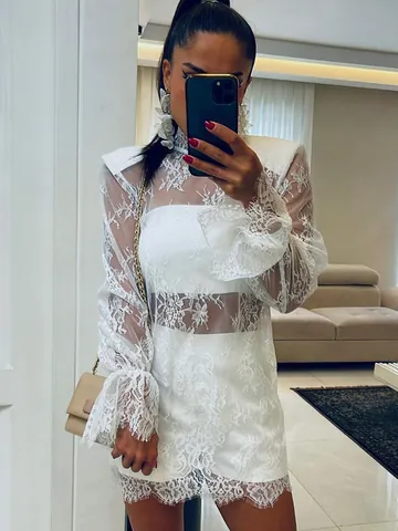 Robe en Dentelle Transparente à Col Montant et Manches Longues pour Femmes Sexy Floral Ajouré Maille Ligne A Mini Robe pour Fête Élégante Clubwear