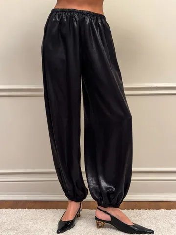 Damen Satin Haremshose Mit Hoher Taille Elegante Einfarbige Büro-Look Lockere Joggerhose Mit Bündchen Lässige Polyesterhose