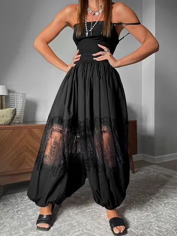 Women Lace Patchwork Lantern Pants Casual Loose Cuffed Harem Trousers Elegant Fashion Polyester Cotton Blend Commute Trousers
