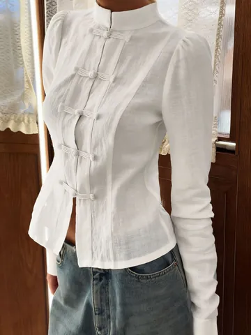 Elegante Camicetta in Cotone in Nuovo Stile Cinese per Donna Collo alla Coreana Bottone Cinese Vestibilità Slim Manica Lunga