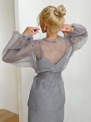 Camicetta in Rete Trasparente da Donna Maniche a Sbuffo Sexy Scollo a V Camicia in Rete di Poliestere per la Sovrapposizione