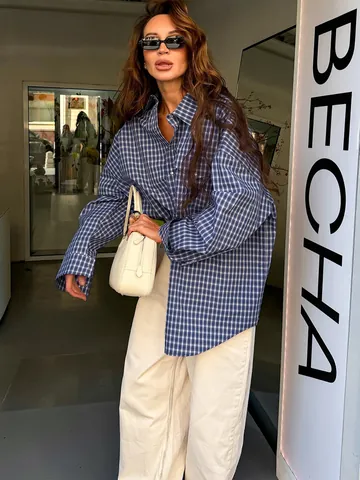 Women Retro Plaid Cotton Shirt British Style Long Sleeve Oversized Cardigan Blouse Button Down Casual Autumn Winter Top