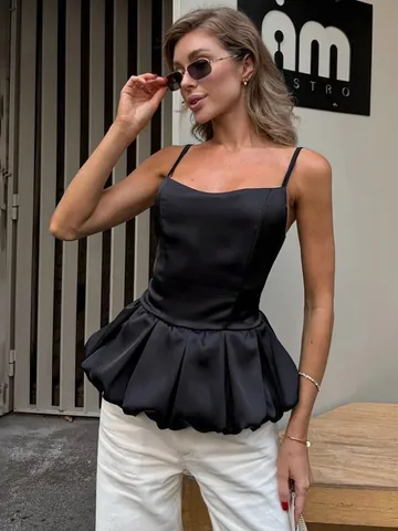 Women Peplum Cami Top Satin Spaghetti Strap V Neck Slim Fit Peplum Hem Solid Color Elegant Commute Sleeveless Top