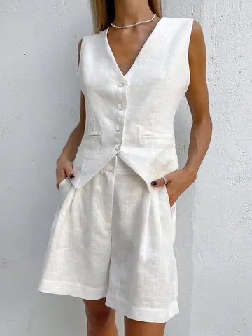 Women's Casual Cotton Vest And Shorts Set V-Neck Single-Breasted Waistcoat Top And Wide Leg Shorts Two Piece Outfit