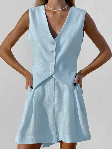 Women's Casual Cotton Vest And Shorts Set V-Neck Single-Breasted Waistcoat Top And Wide Leg Shorts Two Piece Outfit