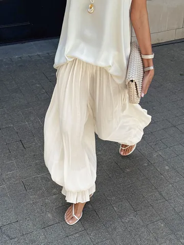 Dames Frans Elegant Geplooid Bubble Manchet Broek Mode Gesmokte Enkel Broek Polyester Losse Lantaarn Casual Broek Voor Zomer Lente