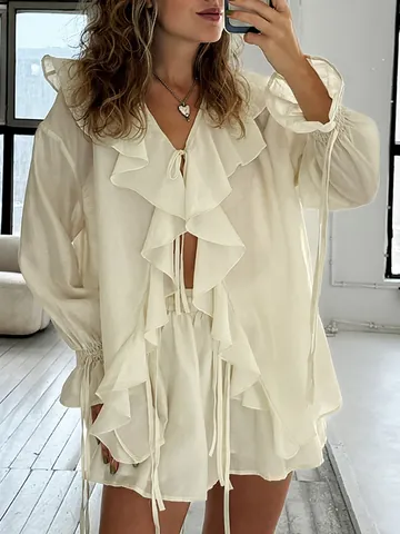 Damen Casual Rüschen Zweiteiler Shorts Set Polyester Viskose Patchwork Schnürung Cardigan Top Und Shorts Sommer Urlaub Outfit