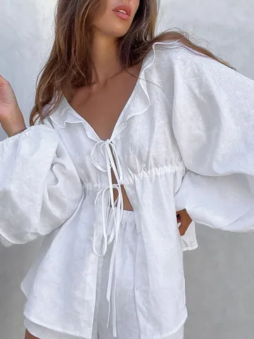 Women Cotton Linen V-Neck Ruffle Tie Front Top And Bottom Outfit Puff Sleeve Casual Summer Resort Wear Suit