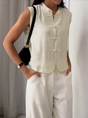 Damen Weste Chinesischer Stil Retro Ärmellos Stehkragen Froschknöpfe Crinkle Textur Viskose Tencel Aprikose Top