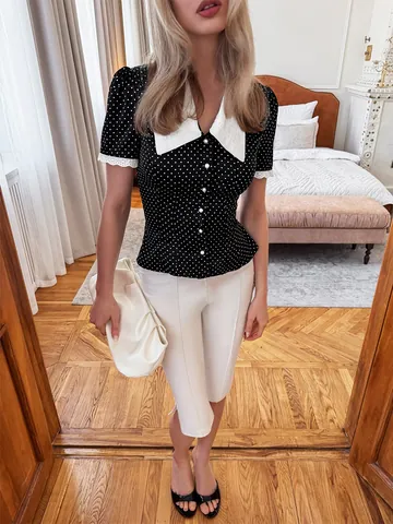 Women Elegant Polka Dot Blouse Short Sleeve Contrast Peter Pan Collar Lace Trim Pearl Button Slim Fit Peplum Top
