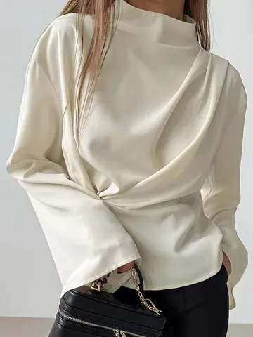 French Style Apricot Chiffon Slit Blouse For Women Elegant Waist Tight Long Sleeve Shirt Top Casual Office Wear
