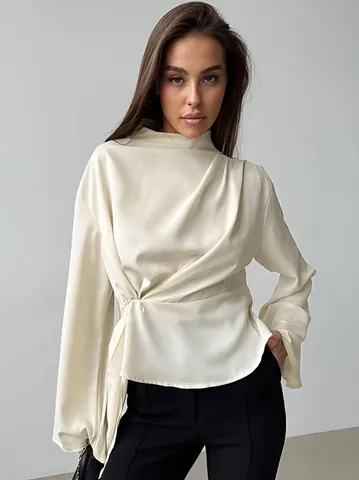 French Style Apricot Chiffon Slit Blouse For Women Elegant Waist Tight Long Sleeve Shirt Top Casual Office Wear