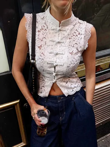 New Chinese Style Lace Sleeveless Blouse For Women Stand Collar Retro Frog Button Elegant Hollow Out Slim Fit Summer Top