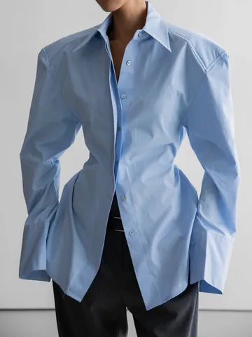 Dames Lange Mouwen Wit Overhemd Schoudervullingen Oversized Manchetten Kantoor Blouse Effen Kleur Polyester Katoen Top