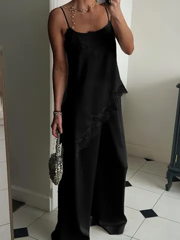 Women Satin Lace Trim Pants Set V Neck Sleeveless Cami Top And High Waist Straight Leg Trousers Two Piece Lounge Outfit