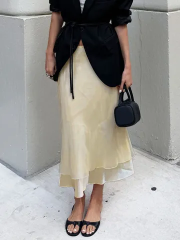 Dames Satijnen Midi-rok Elegant Champagne Splitsen Doorschijnend Tule Zeemeermin Rok Hoge Taille Kantoor Visstaart Rok