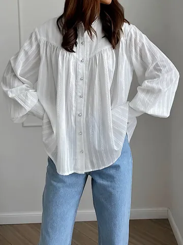 Women French Vintage White Cotton Shirt Elegant Puff Sleeve Jacquard Button Up Blouse Minimalist Casual Top For Office Commute