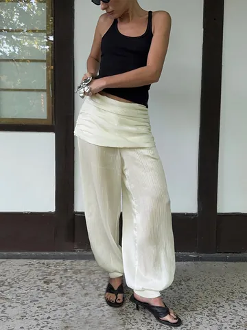 Dames Losse Geplooide Lantaarn Broek Casual Hoge Taille Elastische Bottom Mode Elegant Woon-werkverkeer Harem Broek Effen Kleur