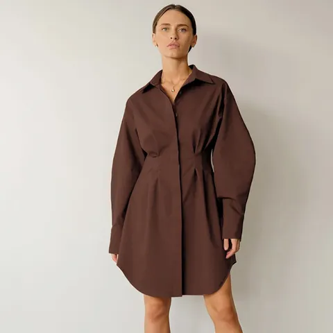 Franse Britse Stijl Woon-werkverkeer Overhemdjurk Voor Dames Effen Kleur Lange Mouw Taille Insluitend A-Lijn Mini Jurk Elegant Lente Zomer