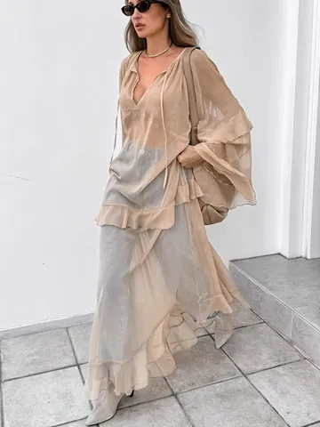 Women Sheer Khaki Ruffle Maxi Dress Casual V-Neck Long Sleeve Sun Protection Cover Up Bohemian Beach Vacation Long Skirt