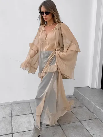 Women Sheer Khaki Ruffle Maxi Dress Casual V-Neck Long Sleeve Sun Protection Cover Up Bohemian Beach Vacation Long Skirt