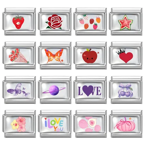 Eslabones de Charme Modulares DIY Italianos de Acero Inoxidable Fruta Corazón Mariposa Cuentas de Esmalte para Fabricación de Pulseras Accesorios Joyería Mujer