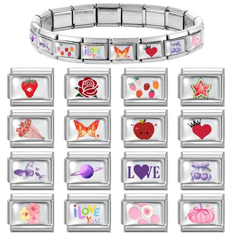 Eslabones de Charme Modulares DIY Italianos de Acero Inoxidable Fruta Corazón Mariposa Cuentas de Esmalte para Fabricación de Pulseras Accesorios Joyería Mujer