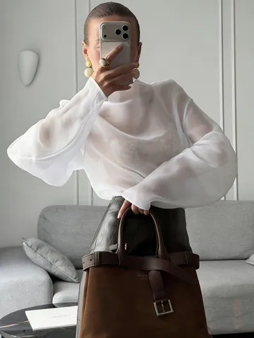 Blusa Sexy de Malla Transparente de Manga Larga para Mujer Top Transparente con Cuello Redondo Patchwork Camisa Elegante