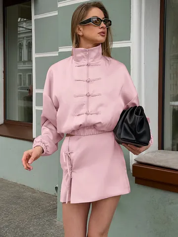 Women's New Chinese Style Casual Set Pink Stand Collar Top And High Waist Mini Skirt Elegant 2 Piece Outfit Spring Summer