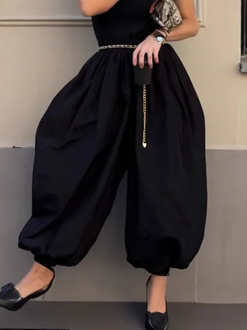Women High Waist Lantern Pants Autumn Winter Loose Balloon Harem Pants Cuffed Bottom Solid Color Casual Commuter Trouser Bottom