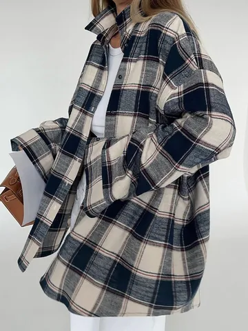 Dames Casual Geruit Lange Mouw Overhemd Jas Oversized Flanel Katoen Knoop Sluiting Blouse Top Ruit Patroon Voor Herfst Winter
