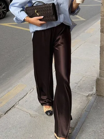 Women's High Waisted Straight Leg Pants Satin Look Acetate Look Loose Trousers Solid Color Office Commuter Bottoms