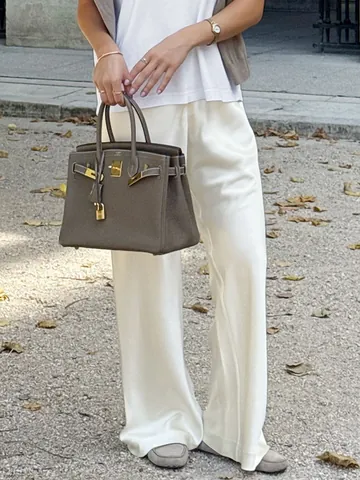 Women's High Waisted Straight Leg Pants Satin Look Acetate Look Loose Trousers Solid Color Office Commuter Bottoms