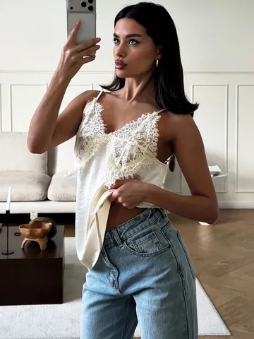 Women Sexy Lace V Neck Cami Top Sleeveless Spaghetti Strap Polyester Satin Tank Top For Summer Commuter Party